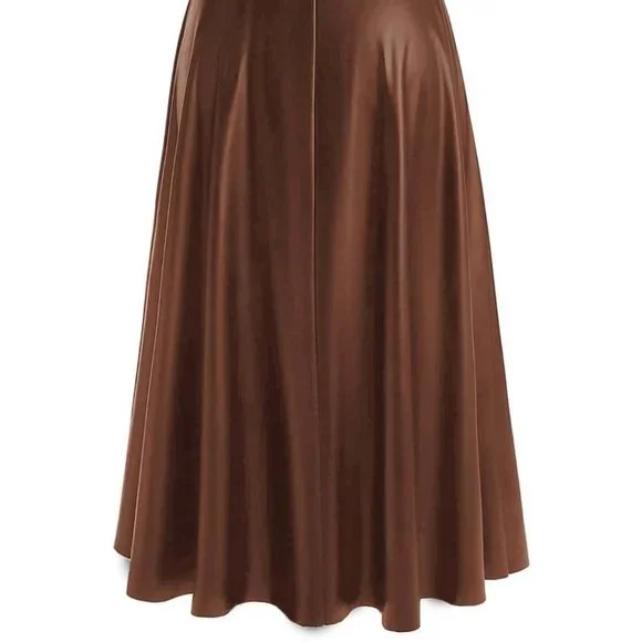 Coffee Brown Preppy Womens Plus Solid PU Leather Flare Skirt - Picture 2 of 5